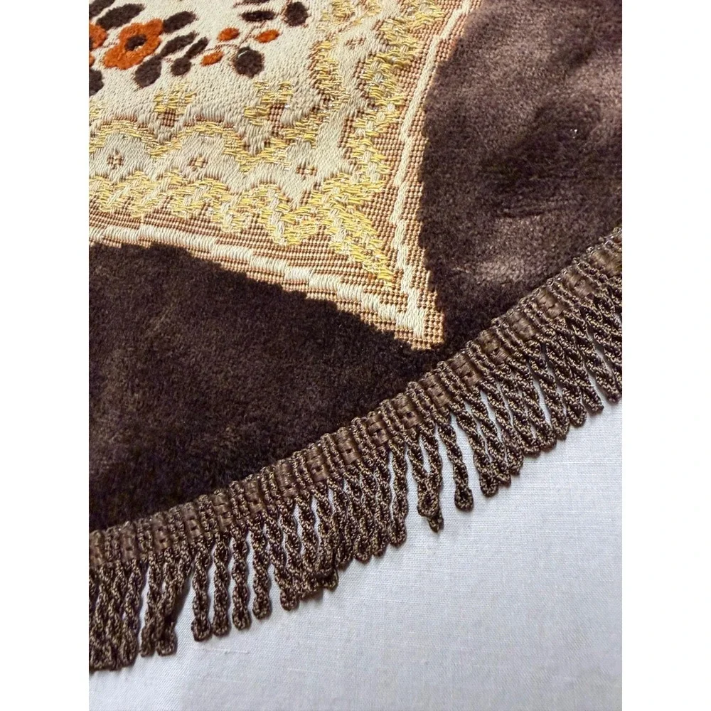 Vintage Round Floral Tablecloth Rug Accent Mat Fringe Brown Orange Beige Gold